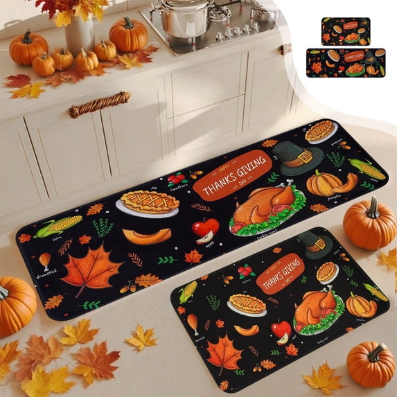 Fall Pumpkin Maple Leaf Floor Mat Two Piece Set, Halloween Thanksgiving Decorative Doormat Set with Autumn Leaf Pattern,Absorbent Non-Slip Mat for Kitchen Entrance Bathroom, Easy Care Home Accent A