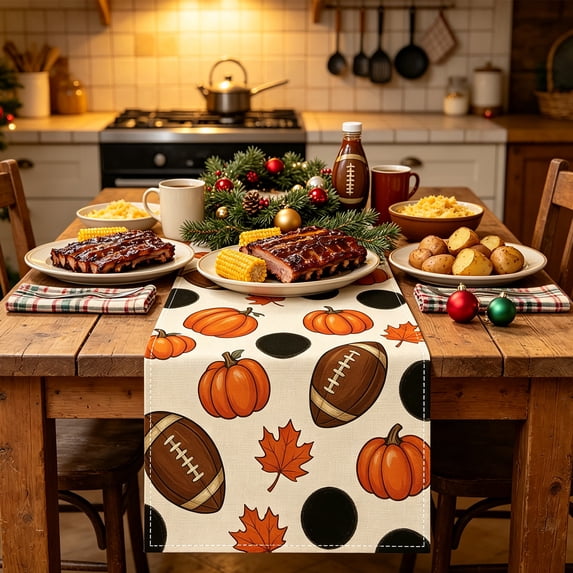 Fall Pumpkin Maple Leaf Table Runner, Linen Look Seasonal Table Decor, for Thanksgiving Harvest Dining Table Decor