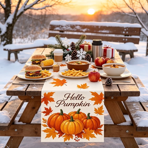 Fall Pumpkin Maple Leaf Table Runner, Linen Look Seasonal Table Decor, for Thanksgiving Harvest Dining Table Decor