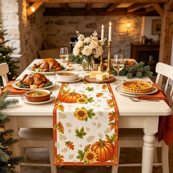 Fall Pumpkin Maple Leaf Table Runner, Linen Look Seasonal Table Decor, for Thanksgiving Harvest Dining Table Decor