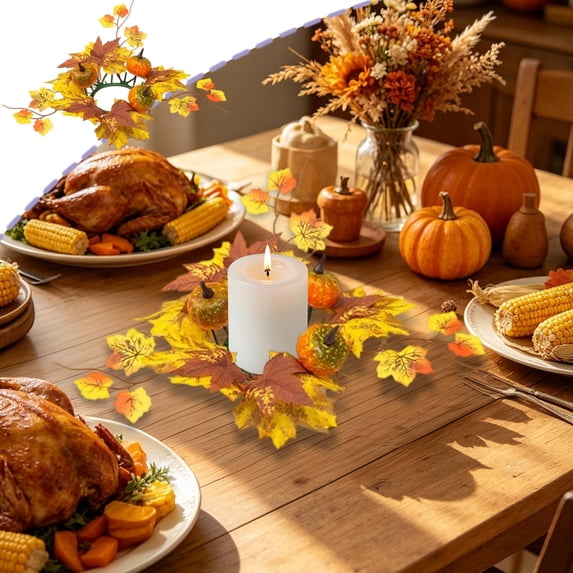 Fall Pumpkin & Maple Leaf Tabletop Candle Wreath, Halloween Harvest Festival Decorative Garland, Mini Desktop Centerpiece for Home Dining Table Thanksgiving Holiday Atmosphere Decoration