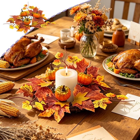 Fall Pumpkin & Maple Leaf Tabletop Candle Wreath, Halloween Harvest Festival Decorative Garland, Mini Desktop Centerpiece for Home Dining Table Thanksgiving Holiday Atmosphere Decoration