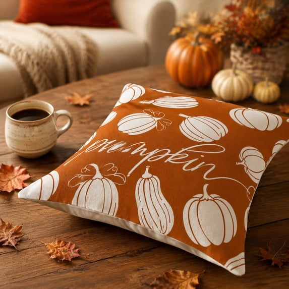 Fall Pumpkin Maple Leaf Throw Pillow Cover, 18x18 inch Linen Cushion Case for Thanksgiving Sofa, Couch, Bed & Outdoor Decor