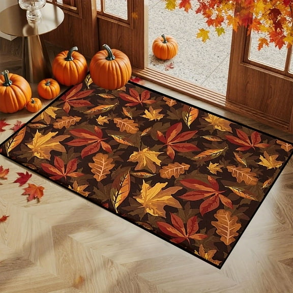 Fall Pumpkin Maple Leaves Floor Mat - 18x33 Inch Non-Slip Halloween Thanksgiving Decorative Rug for Bathroom, Kitchen, Porch Entryway with Anti-Skid Backing (Indoor/Outdoor Use)