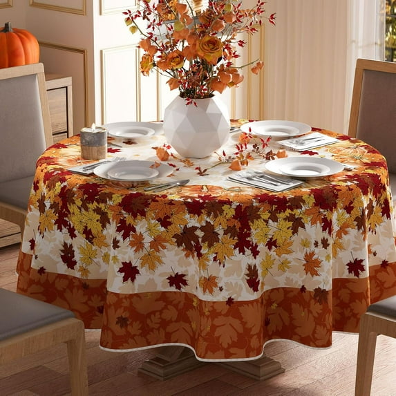 Fall Pumpkin Maple Leaves Orange Tablecloth Round Washable Table Covers for Home Party Decorations 60x60 Inch