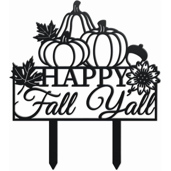 Fall Pumpkin Metal Decorative Garden Stakes Funny Happy Fall Y'all Metal Outdoor Statues Funny Maple Leaves Black Silhouette Ornament Gifts for Thanksgiving Party Autumn Harvest Lawn Walkway Black