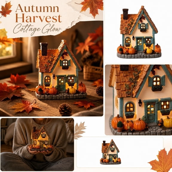Fall Pumpkin Miniature Village Houses Set of 3 Battery Operated LED Lighted American Country Harvest Cabin Decor Ornaments for Indoor Home Tabletop Shelf Centerpiece