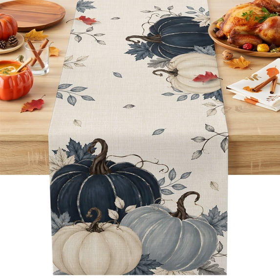 Fall Pumpkin Navy Blue Cotton Linen Rectangle Table Runners 13"x60", Rustic Botanical Autumn Thanksgiving Coffee Table Runner Dresser Scarves Table Runners for Wedding Party Banquet Dinner Decor