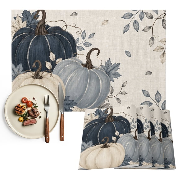 Fall Pumpkin Navy Blue Placemats Set of 2, Rustic Botanical Autumn Thanksgiving Washable Wipeable Table Mats for Dining Tables, Indoor Outdoor Kitchen Place Mats for Holiday Party Table Decor