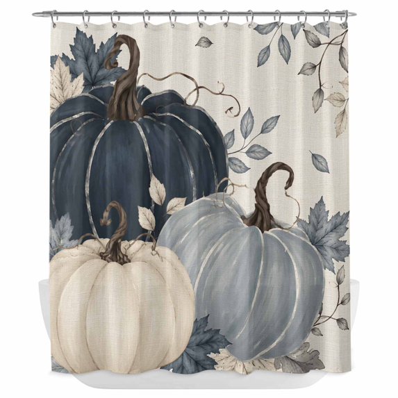 Fall Pumpkin Navy Blue Shower Curtain - Water Repellent Fabric Shower Curtains Washable, Rustic Botanical Autumn Thanksgiving Decorative Polyester Cloth Bathroom Curtains Modern Bath Decor 72"x72"
