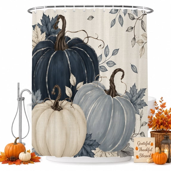 Fall Pumpkin Navy Blue Shower Curtain, Waterproof Shower Curtains for Bathroom, Rustic Botanical Autumn Thanksgiving Washable Fabric Bathtub Curtain Set Bath Decor with 12 Hooks 48"x72"