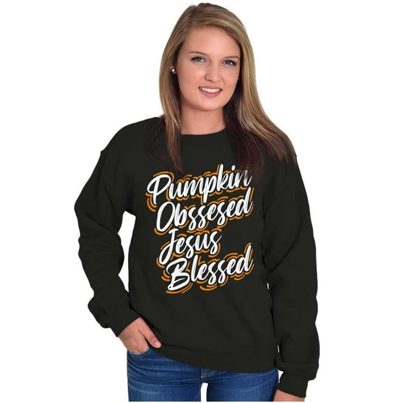 Fall Pumpkin Obsessed Jesus Blessed Women Crewneck Sweatshirt Brisco Brands L