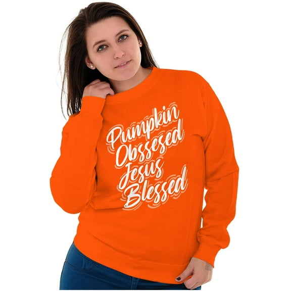 Fall Pumpkin Obsessed Jesus Blessed Women Plus Size Crewneck Sweatshirt Brisco Brands 3X