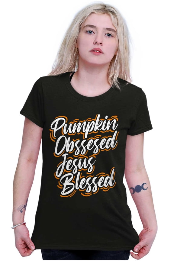 Fall Pumpkin Obsessed Jesus Blessed Womens Slim Fit Graphic Tee Brisco Brands S