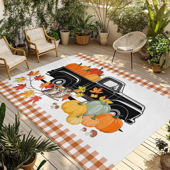 Fall Pumpkin Outdoor Rug 5x7 Ft - Reversible Patio Rug Outdoor Camping Rugs, Thanksgiving Autumn Maple Truck Owl Rustic Plaid Indoor Outdoor Area Rugs, Non-Slip Outdoor Carpet Runner for Deck/Porch