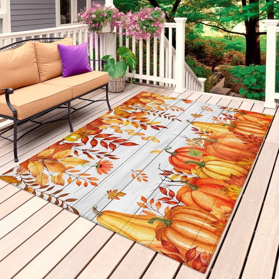 Fall Pumpkin Outdoor Rug for Patio/Deck/Porch, Non-Slip Large Area Rug 6 x 9 Ft, Orange Red Thanksgiving White Wood Grain Indoor Outdoor Rugs Washable Area Rugs, Reversible Camping Rug Carpet Runner