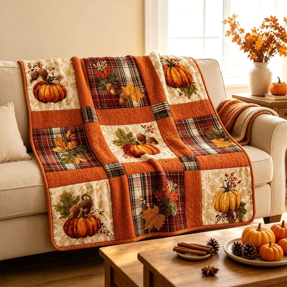 Fall Pumpkin Patchwork Throw Blanket, Cozy Autumn Quilt for Couch, Sofa, Bed and Thanksgiving Home Decor