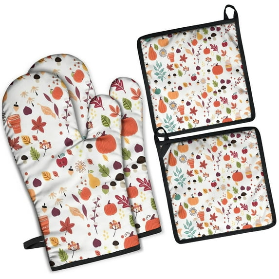 Fall Pumpkin Pattern Kitchen Oven Mitt and Pot Holder Sets 4 Pcs for Baking, Cooking and Grilling, Heat Resistant Up To 392 °F