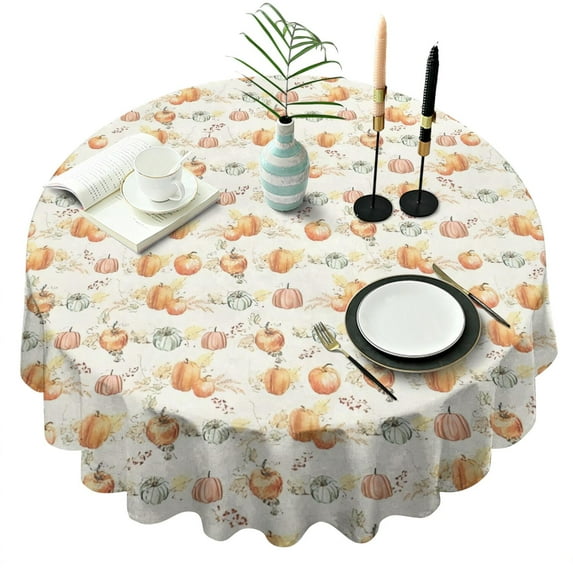 Fall Pumpkin Pattern Round Tablecloth 60" X 60",Wrinkle Wipeable Table Cloth for Kitchen Dining Room Picnic Patio Party