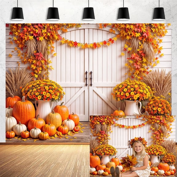 Fall Pumpkin Photography Backdrop - Autumn Maple Leaves Floral Rustic Barn Door Background for Thanksgiving Harvest Party & Portrait Photo Decorations 7X5ft