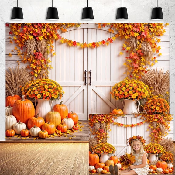 Fall Pumpkin Photography Backdrop - Autumn Maple Leaves Floral Rustic Barn Door Background for Thanksgiving Harvest Party & Portrait Photo Decorations 8X6ft