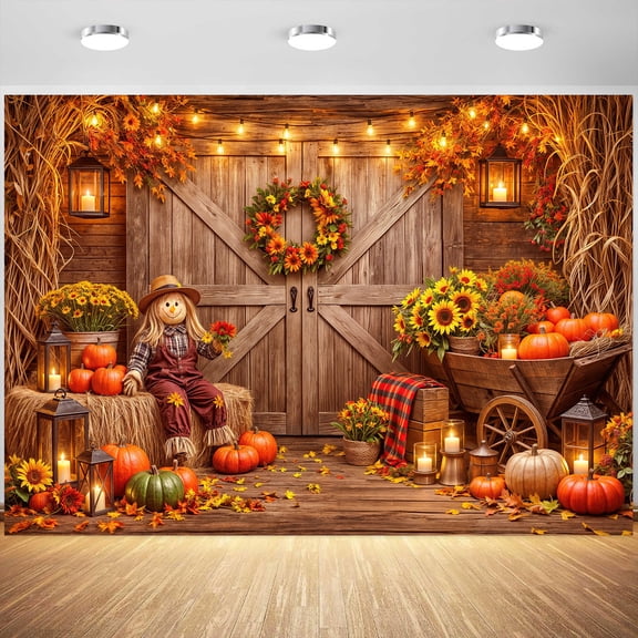 Fall Pumpkin Photography Backdrop Autumn Thanksgiving Harvest Rustic Barn Wooden Background Sunflowers Maple Leaves for Baby Shower, Family Photoshoot, Photo Booth Props & Party Decorations 10X8ft