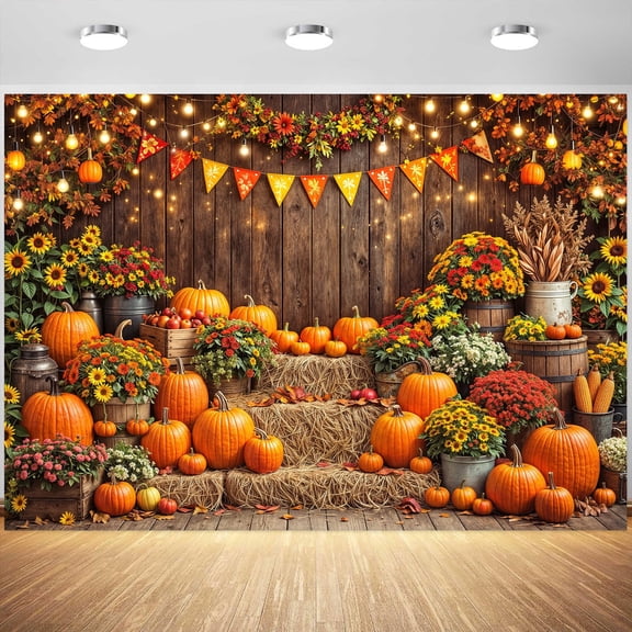 Fall Pumpkin Photography Backdrop - Rustic Wooden Wall Autumn Harvest Background for Thanksgiving & Birthday Party Decorations 7X5ft