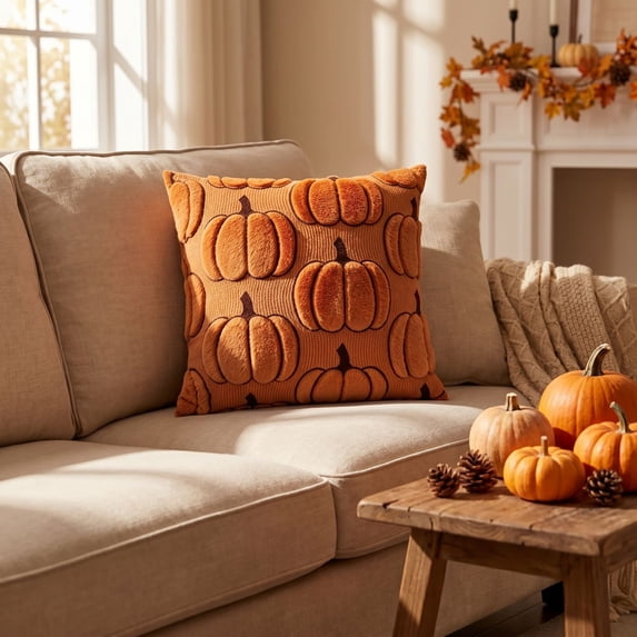 Fall Pumpkin Pillow Cover, Rustic Farmhouse Corduroy 17 Inch Square Flocking for Sofa