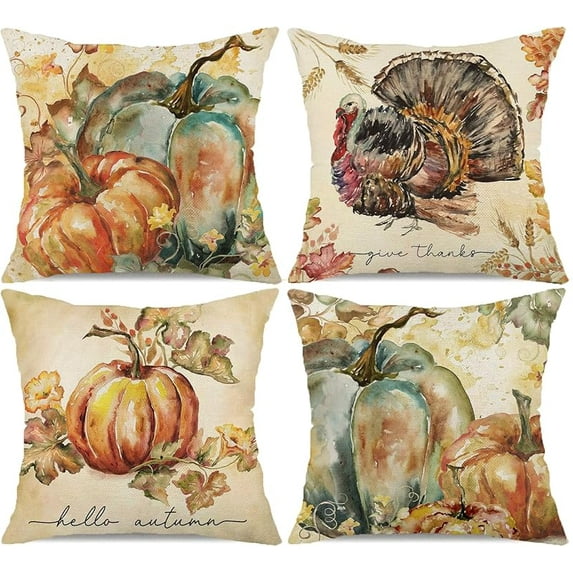 Fall Pumpkin Pillow Covers 18x18 Inch Set of 4 Watercolor Pumpkin Turkey Autumn Harvest Decorative Throw Pillow Cases Autumn Thanksgiving Quotes Holiday Outdoor Cushion Covers for Sofa