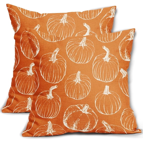 Fall Pumpkin Pillow Covers 18x18 Set of 2 Autumn Themed Thanksgiving Harvest Orange Print Decorative Throw Pillows Outdoor PillowCase Farmhouse Linen Cushion Case Decor for Home Sofa Couch Bed