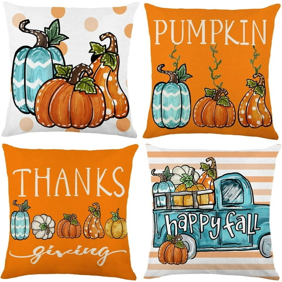 Fall Pumpkin Pillow Covers 18x18 Set of 4, Giving Thanks Stripe Polka Dots Farmhouse Decorations Blue Autumn Farm Truck Pillows Decor Outdoor Throw Cushion Case for Sofa Home Couch