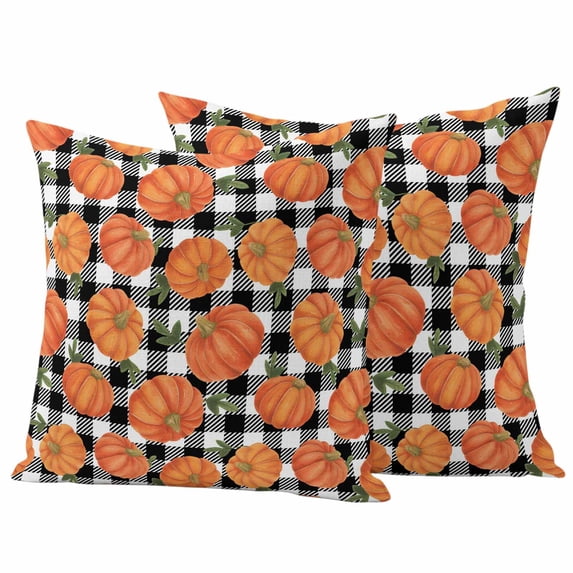 Fall Pumpkin Pillow Covers 2 Pack Thanksgiving Farmhouse Black Buffalo Plaid Pillowcase Waterproof Outdoor Throw Pillow Cover for Patio Garden Square Cushion 24”x24”