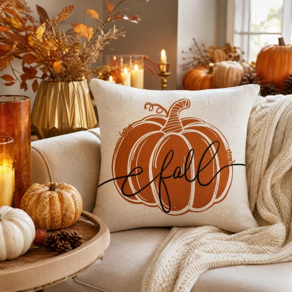 Fall Pumpkin Pillow Covers, Thanksgiving Decorative Pillow Case with Hidden Zipper Polyester Fabric, Autumn Harvest Home Decor for Sofa Couch Bed Bedroom, 17.7 x 17.7 Inch