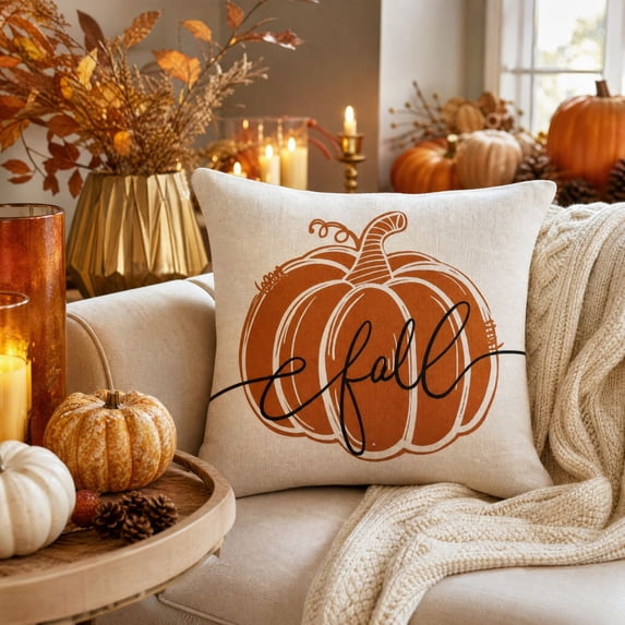 Fall Pumpkin Pillow Covers, Thanksgiving Decorative Pillow Case with Hidden Zipper Polyester Fabric, Autumn Harvest Home Decor for Sofa Couch Bed Bedroom, 17.7 x 17.7 Inch