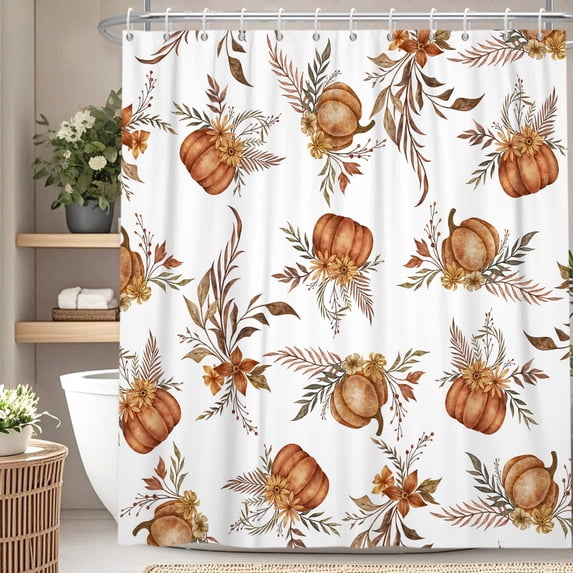 Fall Pumpkin Pine Floral Shower Curtain,Polyester Waterproof Bathroom Decor Set With Hooks,72 W x84 H Inch