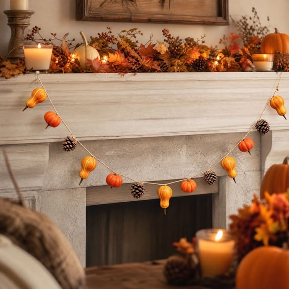 Fall Pumpkin Pinecone Garland 59.1in - Harvest Bunting for Mantel Fireplace Window Wall Thanksgiving Home Decor
