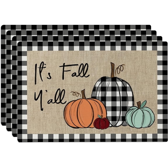 Fall Pumpkin Placemats for Dining Table 12x18 Inch It''s Fall Y''all Buffalo Plaid Place Mats Set of 4 Farmhouse Thanksgiving Autumn Decorations for Indoor Outdoor Party Washable Table Mat