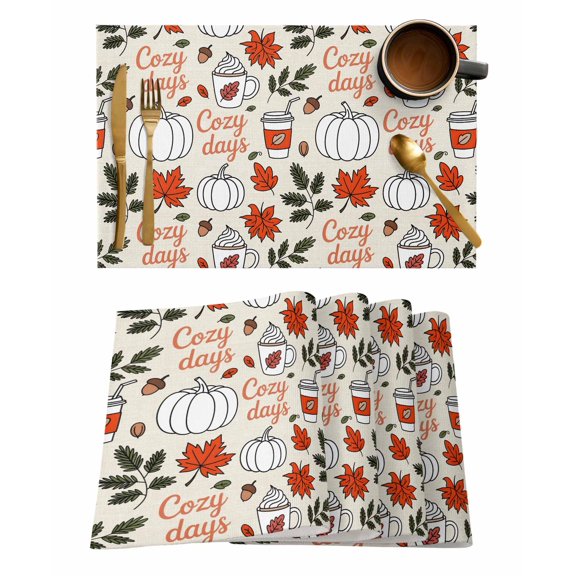 Fall Pumpkin Placemats Set of 1 Cozy Days Coffee Maple Leaf Nuts Vintage Heat Insulation Washable Place Mats, Rustic Non-Slip Table Mats for Dining Table Party Kitchen Decor,13x19 Inch