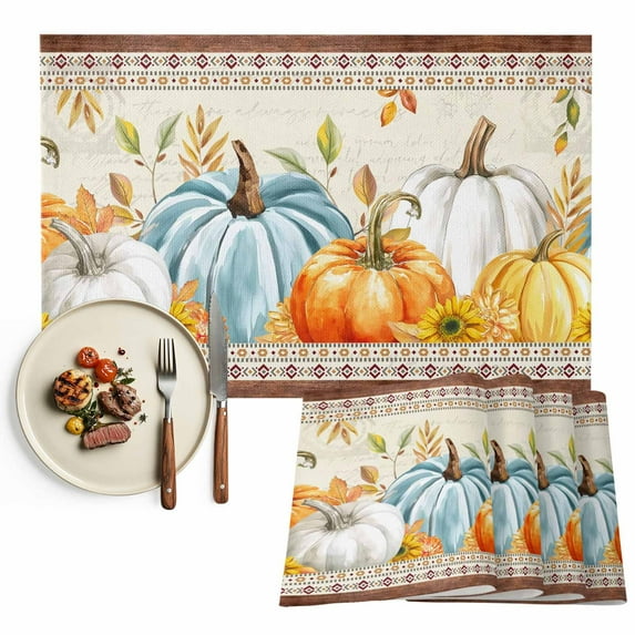 Fall Pumpkin Placemats Set of 1 Fallen Leaves Flower Vintage Letter Harvest Heat Insulated Linen Place Mats, Washable Stain-Proof Table Mats for Dining Tables Holiday Decor 13x19inch