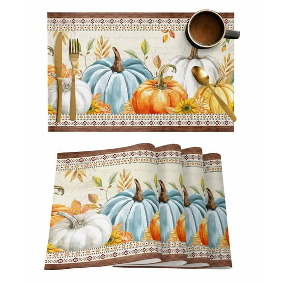 Fall Pumpkin Placemats Set of 1 Fallen Leaves Flower Vintage Letter Harvest Heat Insulation Washable Place Mats, Rustic Non-Slip Table Mats for Dining Table Party Kitchen Decor,13x19 Inch