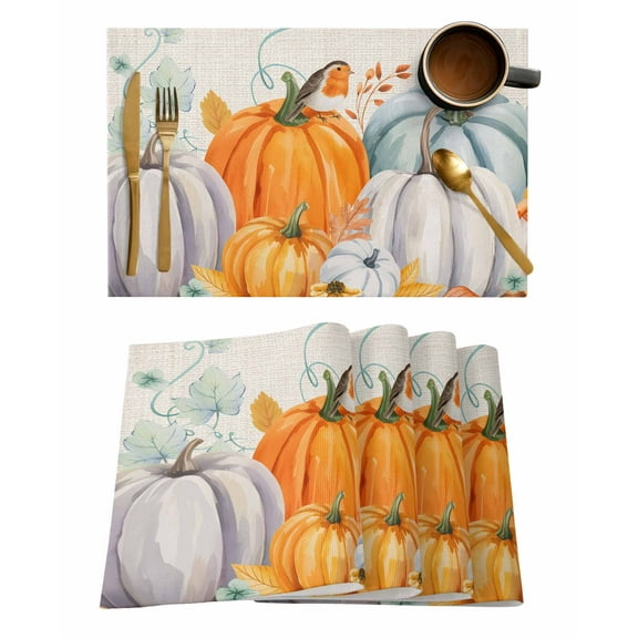 Fall Pumpkin Placemats Set of 12 Thanksgiving Plant Leaf Farmhouse Linen Heat Insulation Washable Place Mats, Rustic Non-Slip Table Mats for Dining Table Party Kitchen Decor,13x19 Inch