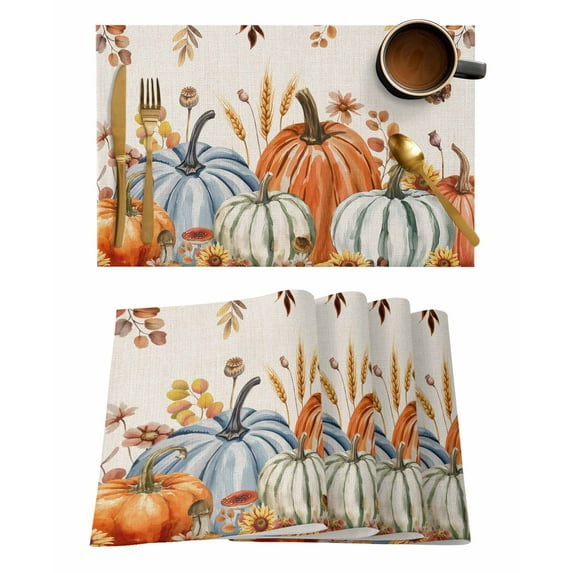 Fall Pumpkin Placemats Set of 2 Orange Leaves Thanksgiving Harvest Linen Texture Heat Insulation Washable Place Mats, Rustic Non-Slip Table Mats for Dining Table Party Kitchen Decor,13x19 Inch