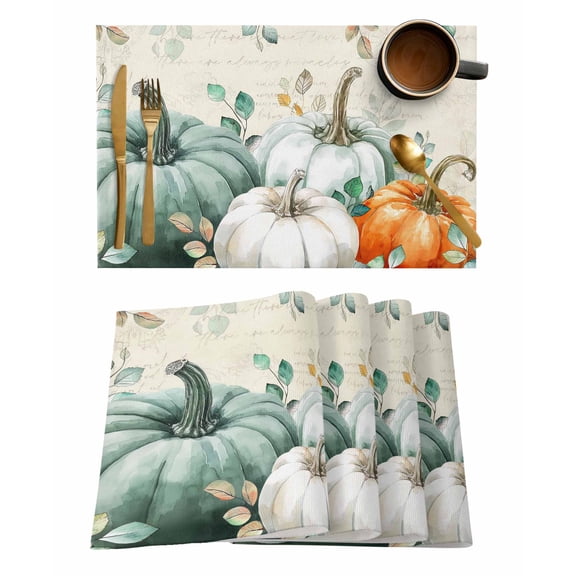 Fall Pumpkin Placemats Set of 4 Eucalyptus Leaves Plant Retro Grain Heat Insulation Washable Place Mats, Rustic Non-Slip Table Mats for Dining Table Party Kitchen Decor,13x19 Inch