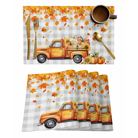 Fall Pumpkin Placemats Set of 8 Maple Leaf Sunflower Cart Gray White Plaid Heat Insulation Washable Place Mats, Rustic Non-Slip Table Mats for Dining Table Party Kitchen Decor,13x19 Inch