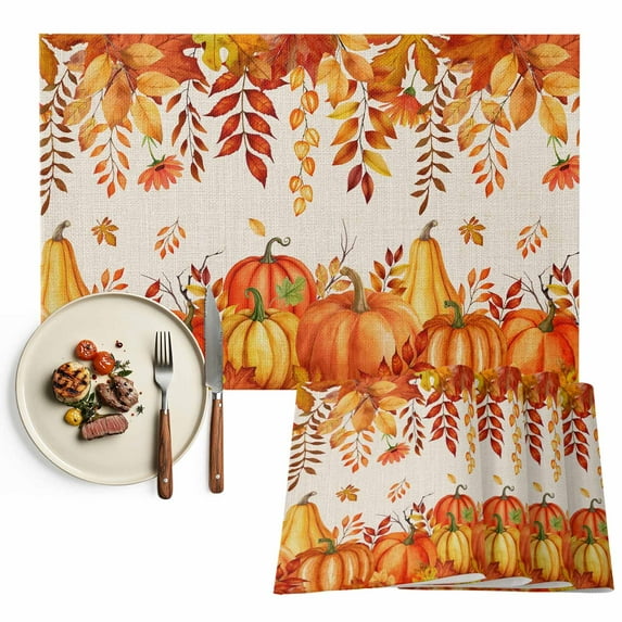 Fall Pumpkin Placemats Set of 8 Orange Leaf Thanksgiving Vintage Linen Texture Heat Insulated Linen Place Mats, Washable Stain-Proof Table Mats for Dining Tables Holiday Decor 13x19inch