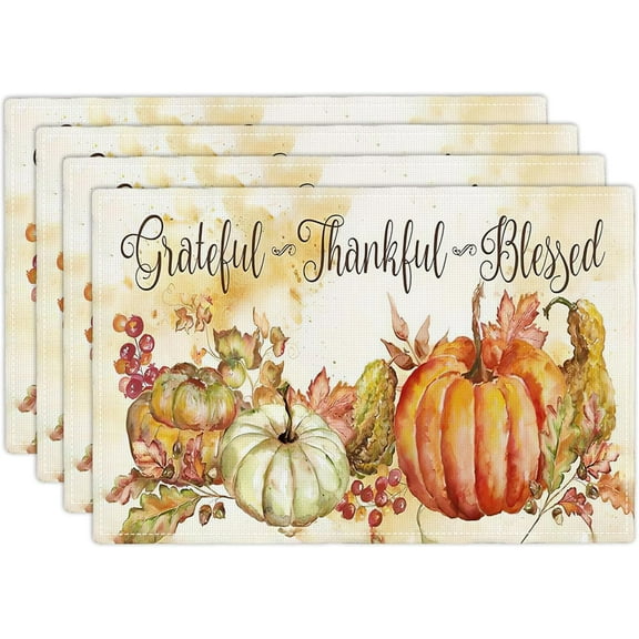 Fall Pumpkin Placemats Set of 4, Autumn Thanksgiving Day Place Mats Table Mats for Kitchen Dining Table Kitchen Decor Linen 12x18 Inch
