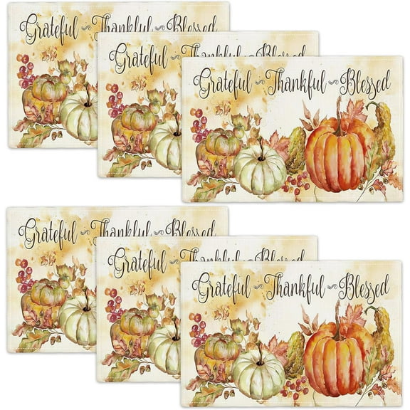 Fall Pumpkin Placemats Set of 6, Autumn Thanksgiving Day Place Mats Table Mats for Kitchen Dining Table Kitchen Decor Linen 12x18 Inch