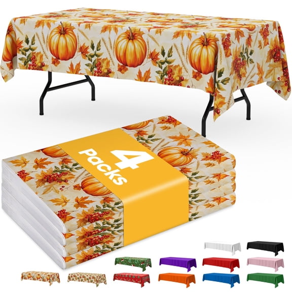 Fall Pumpkin Plastic Table Cloth - 4 Pack 54" × 108" Rectangle Disposable Tablecloths for 6FT Tables, Table Cover for Party, Holiday & Gathering Use