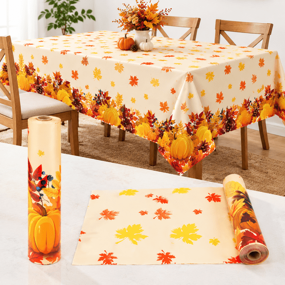 Fall Pumpkin Plastic Tablecloth Roll, 52 In x 100 Ft, Maple Leaf Design