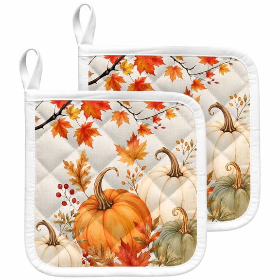 Fall Pumpkin Pot Holders for Kitchen Heat Insulation Potholder, Kitchen Pot Holders Sets Washable Oven Hot Pads Terry Cloth Trivet for Cooking Baking Rustic Maple Leaf Autumn Thanksgiving 2 Pack